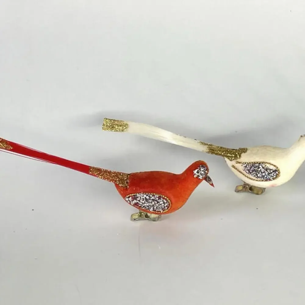 Vintage Flocked Glitter Long Tail Bird Clip On‎ Christmas Ornaments Orange White